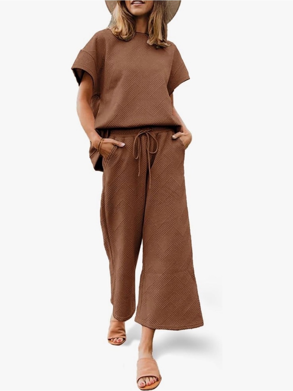 Relaxed 2 Piece Shirt & Wide-Leg Knit Pants in Brown